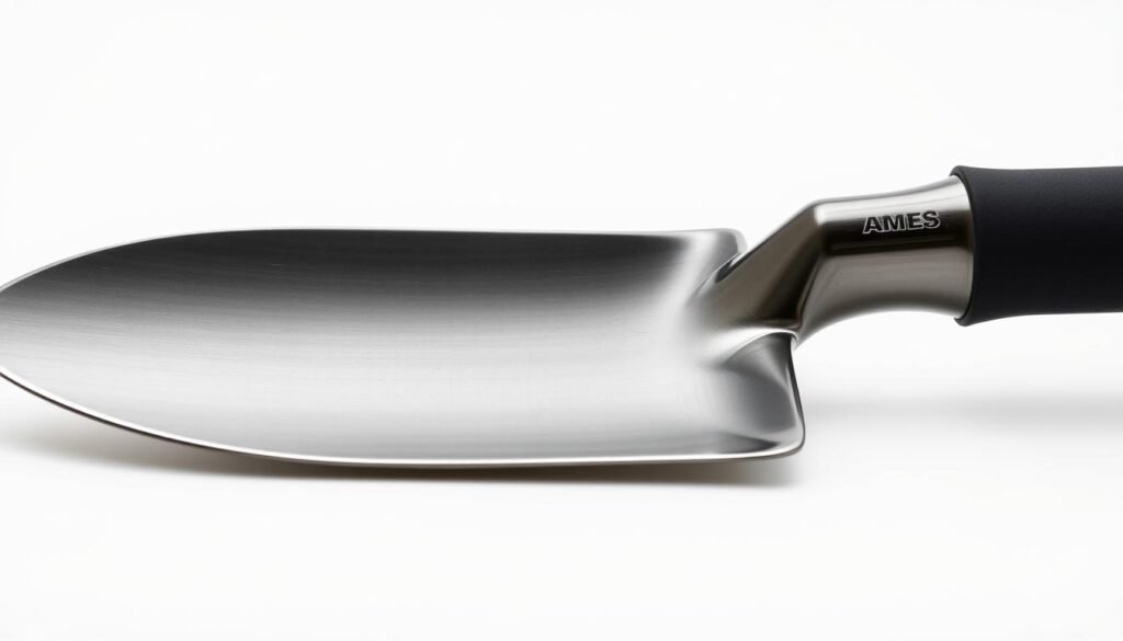 Close-up of the AMES Garden Shovel's heat-treated blade and ergonomic grip - ranked among the Best Shovels on Amazon