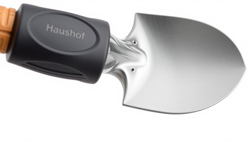 Close-up of the HAUSHOF Garden Shovel's D-grip handle and manganese steel blade - considered one of the Best Shovels on Amazon